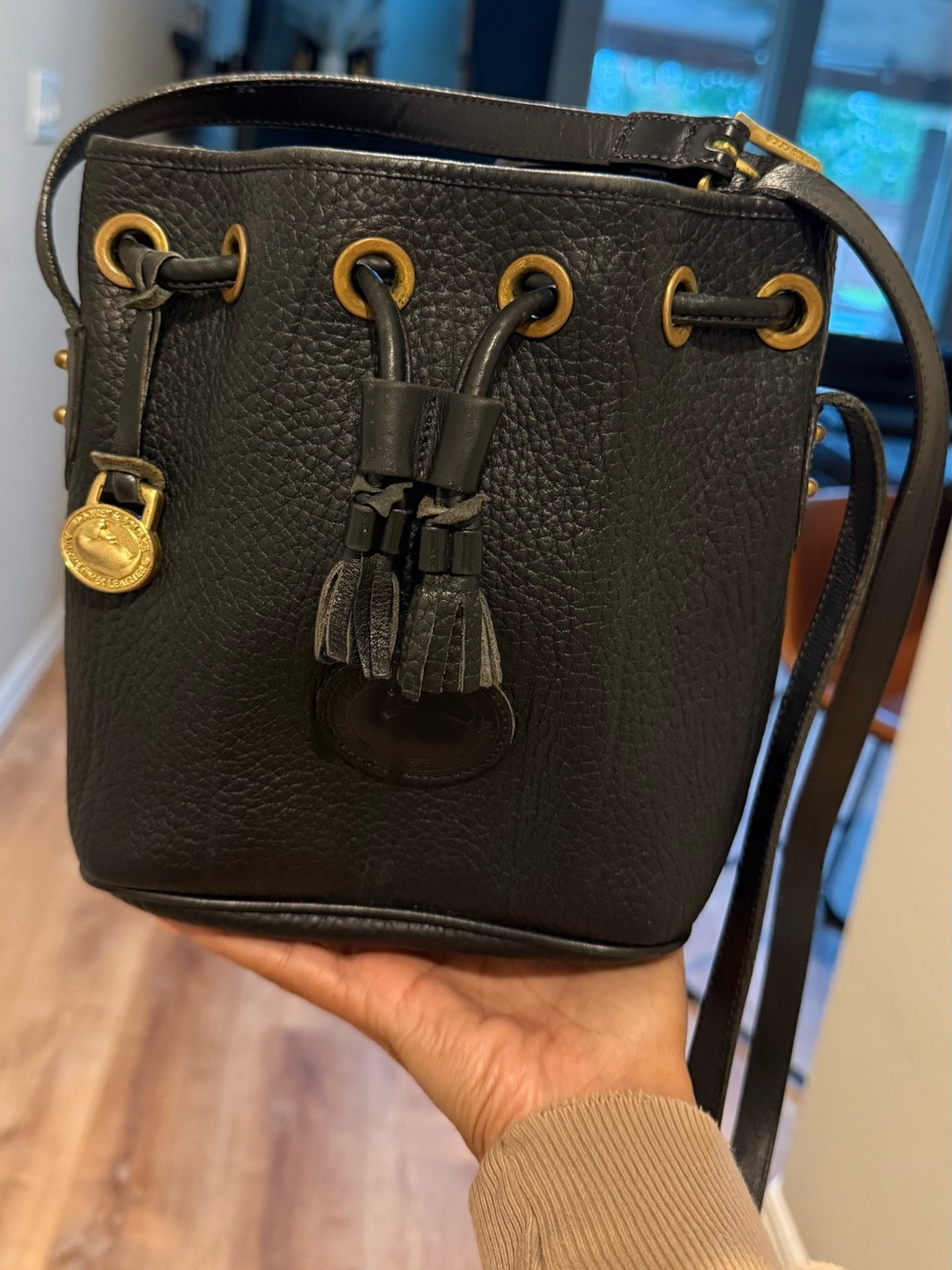 Vintage Dooney & Bourke All-Weather Leather Black Bucket Bag Made in USA
